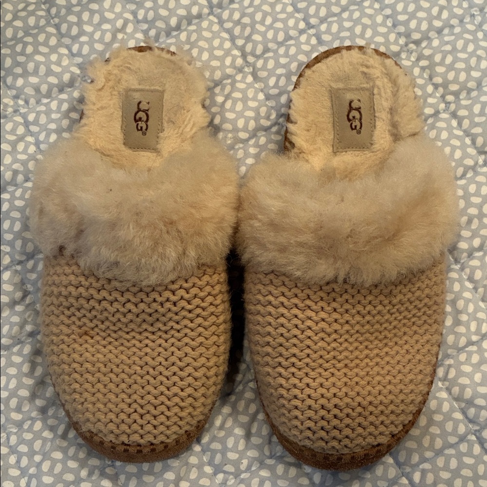 UGG Beige Knit Slippers with Plush Lining